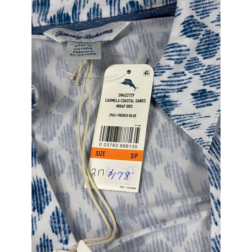 Tommy Bahama Carmela Dress S Blue White Ikat Print Split Neck Coastal Beach NWT - Picture 5 of 14